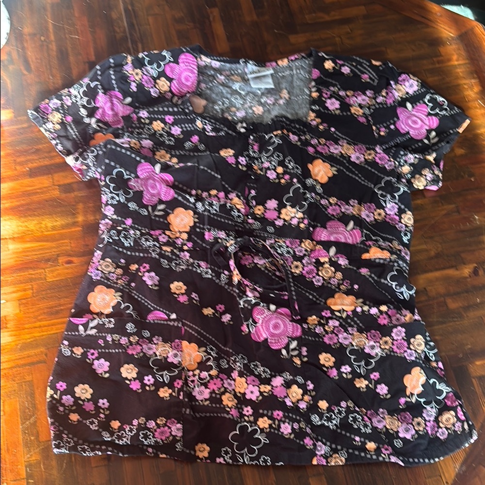 Floral Women's Scrub top- Black, Pink, Orange